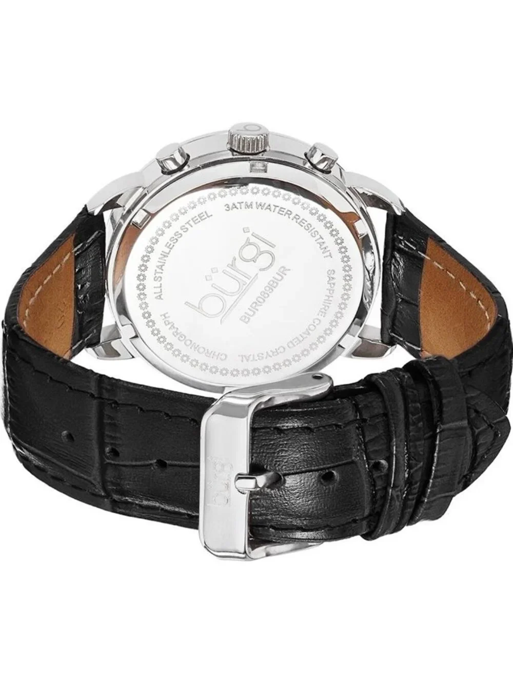 NWT Burgi Crystal Chronograph Black Leather Mother of Pearl Dial Ladies Watch